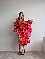 Стильное женское нарядное платье миди цветочный принт софт с длинным рукавом шнуровка на спине с разрезом OS 44/46, Красный