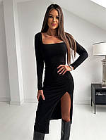 Черное облегающее платье миди с квадратным вырезом и разрезом на ноге (р. 40-46) 31PL5588