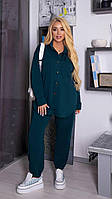 Женский прогулочный весенний костюм батал удлиненная рубашка и штаны турецкая двунитка большого размера OS 48/50, Зеленый