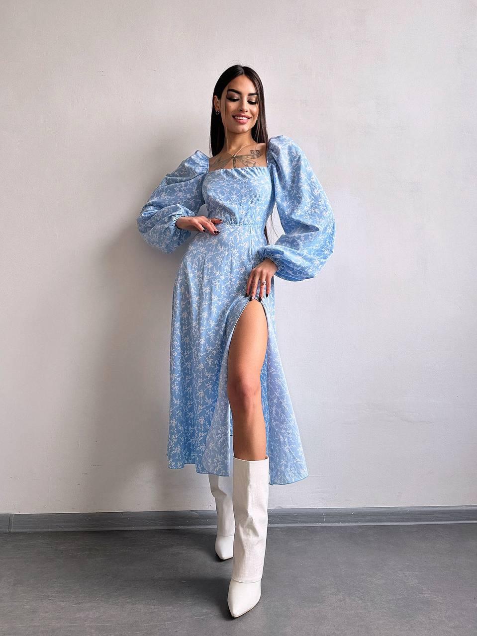 Приталене міді плаття зі шнурівкою на спині та розрізом на спідниці в квітковий принт (р. S, M) 66PL5594Е, фото 1