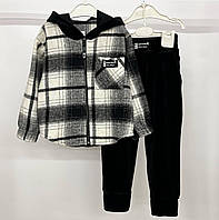 Костюм стильный ,теплый,подростковый ,рубашка в клетку с капюшоном и штаны , кашемир+велюр Черный, 152-158