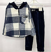 Костюм стильный ,теплый,подростковый ,рубашка в клетку с капюшоном и штаны , кашемир+велюр Синий, 86-92