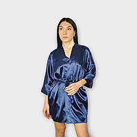 Халат жіночий атласний темно-синій під пояс XS/S