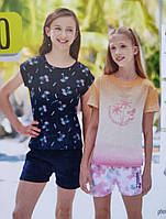 Футболки для девочки Pocopiano, комплект из 2 шт.: синяя + оранжевая тай дай; размер 128