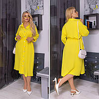 Женское нарядное весеннее базовое платье рубашка софт миди на пуговицах с поясом больших размеров батал OS 58/60, Желтый