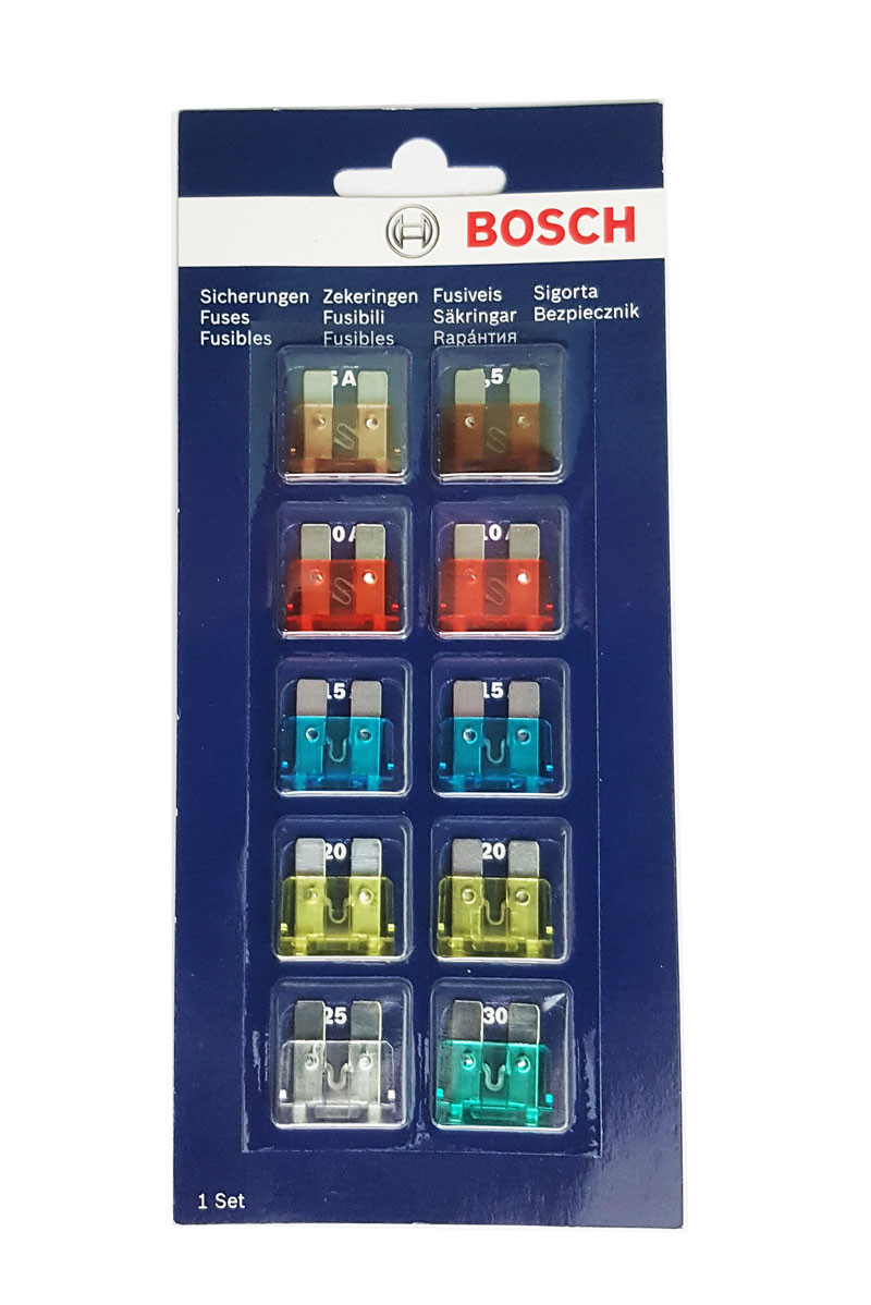 Комплект автомобільних запобіжників Bosch розмір стандарт, в упаковці 10шт запобіжників