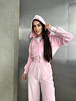 Женский бархатный (велюровый) оверсайз костюм, однотонный со штанами палаццо, размер 42/46 , 48/52 M-L, 44-46, Розовый
