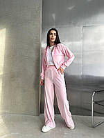 Женский бархатный (велюровый) оверсайз костюм, однотонный со штанами палаццо, размер 42/46 , 48/52 XS-S, 40/42, Розовый
