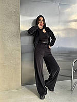 Женский бархатный (велюровый) оверсайз костюм, однотонный со штанами палаццо, размер 42/46 , 48/52 M-L, 44-46, Черный