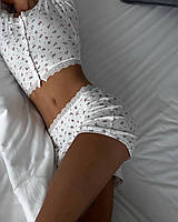 Женская молочная пижама с цветочками и кружевом,в рубчик.Трикотажный комплект для сна.Пижама кофта-топ+шорты 44/46, M/L