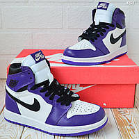 Nike Air Jordan 1 Retro, білі з фіолетовим, ТОП, шкіра кросівки найк джордан кроссовки