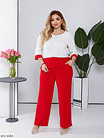 Костюм брючный женский деловой классический легкий двухцветный блузка и прямые свободные брюки большие размеры