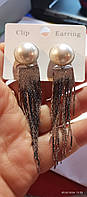 Стильные длинные клипсы (без прокола) серьги сережки жемчуг серебристый металл пр-во корея
