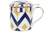 Чашка заварочная фарфоровая 380 мл синяя с золотом, с металлическим ситом в коробке, BonaDi, 331-734