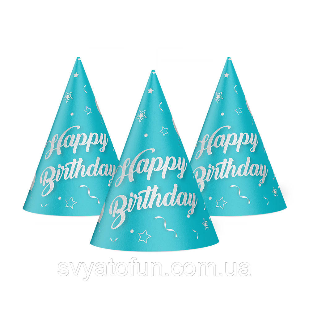 Ковпачок "Happy Birthday" кульки на блакитному 15 см 20 шт