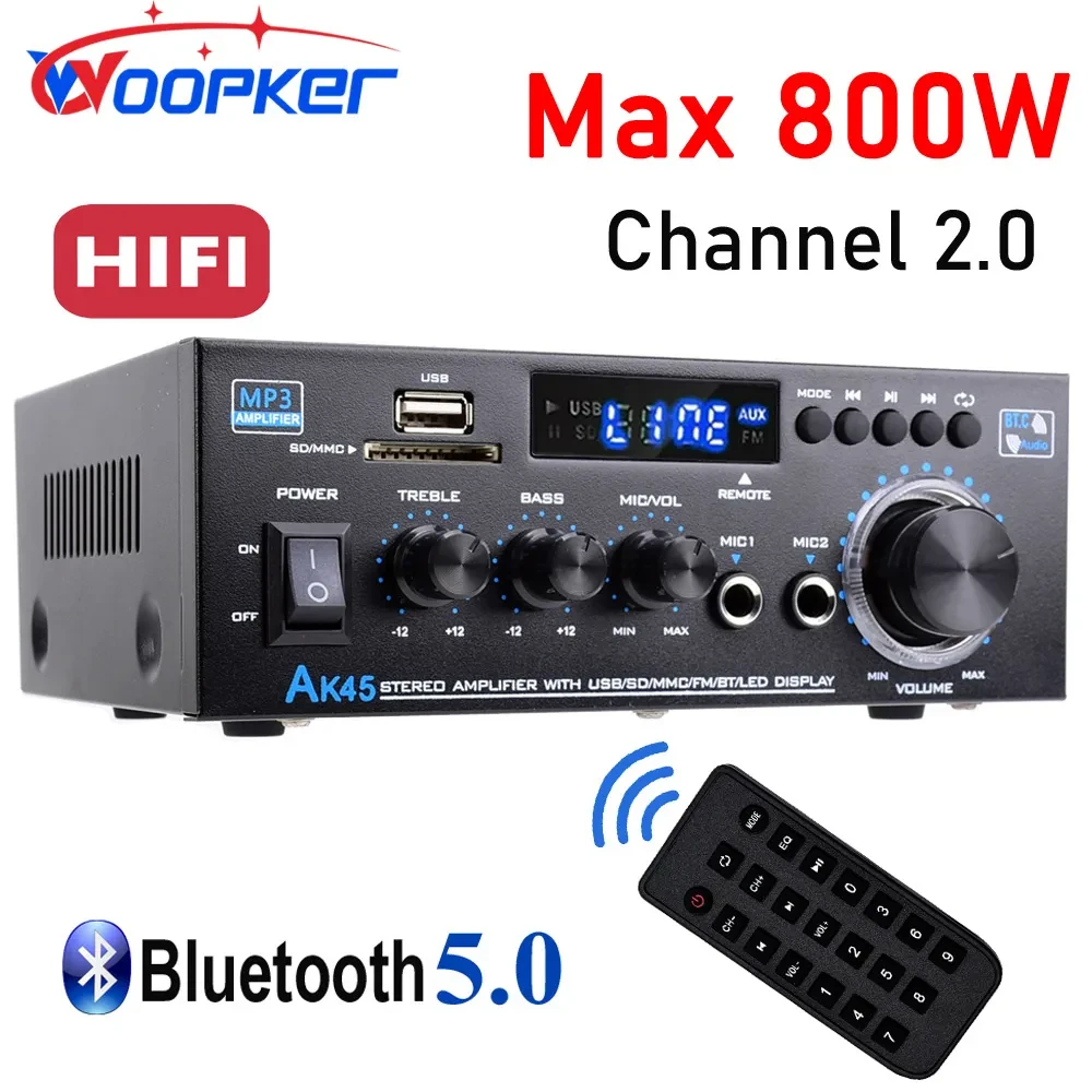 HiFi цифровий підсилювач Woopker AK45, 50 Вт, Bluetooth, USB, SD, MIC, радіо, аудіопідсилювач