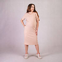 Платье женское в рубчик длинное для беременных с коротким рукавом бежевый 46-54р.