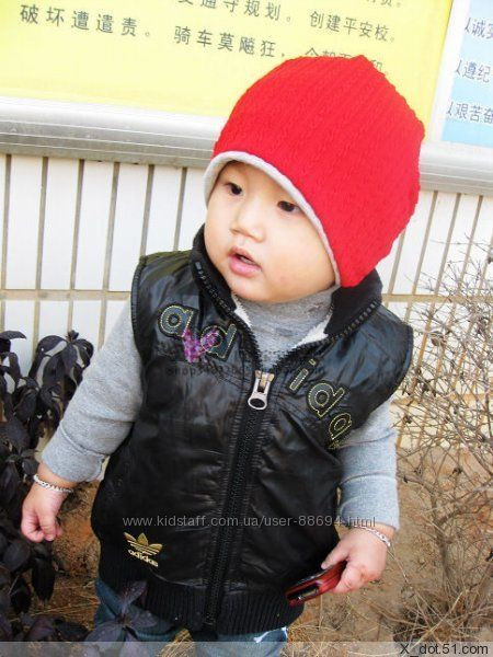 Червона подвійна шапка на дитину Рубчик. Головні убори.Дитські шапки, фото 1