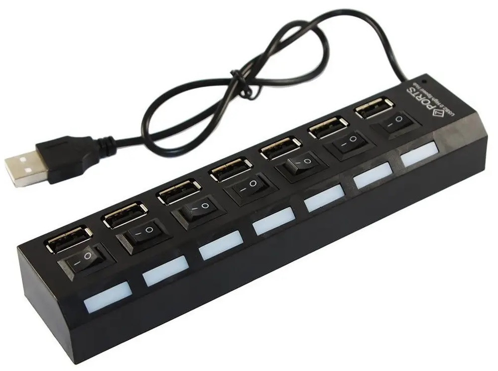 USB-хаб на 7 портів USB 2.0 з вимикачами та підсвіткою, фото 1