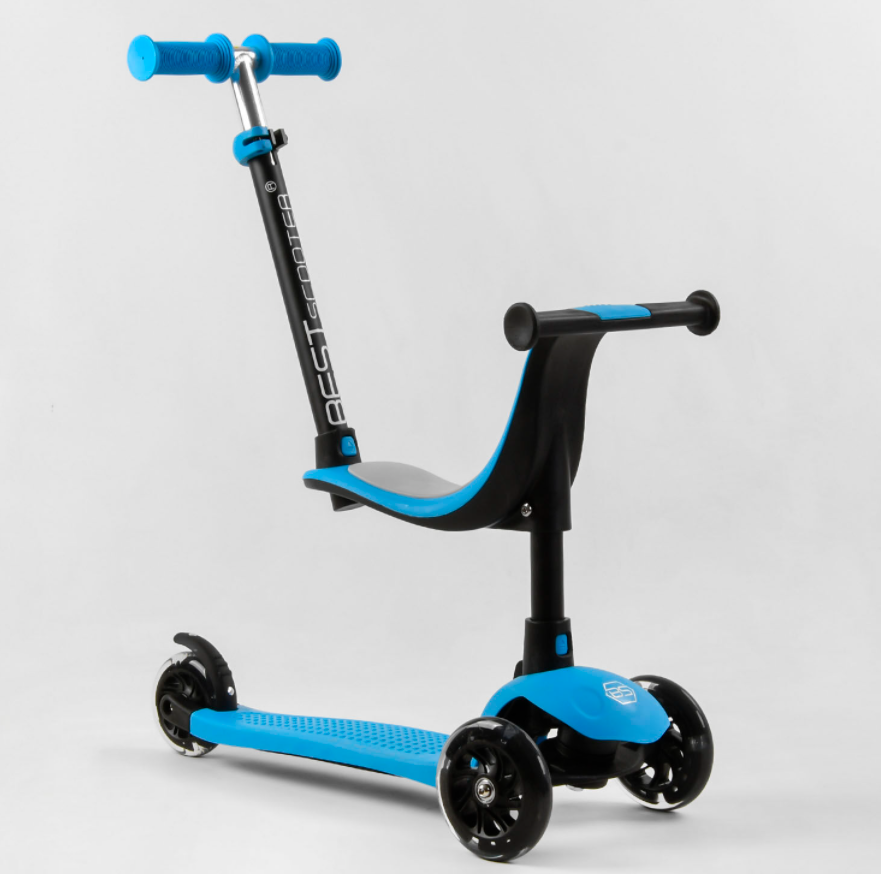 Самокат дитячий триколісний Best Scooter PL-422 з сидінням і батьківською ручкою зі світлом синій, фото 1