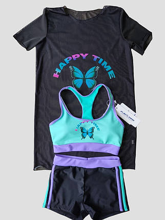 Дитячий підлітковий купальник топ шорти туніка 263 чорний-бірюзовий 34 розмір, фото 1