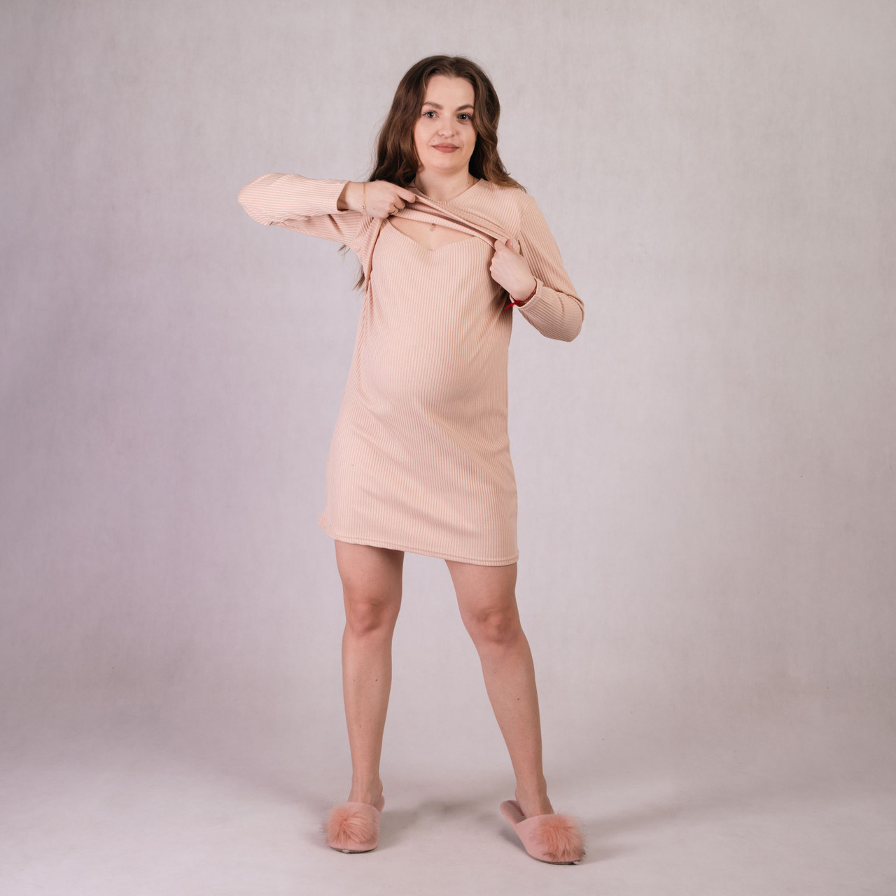 Плаття для вагітних і мам-годувальниць у рубчик із довгим рукавом і секретом для годування бежевий 42-54р., фото 1