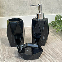 Набір для ванної кімнати з 3 предметів чорний мармур (мильниця, дозатор, склянка) кераміка