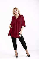 Длинная свободная бордовая блузка из льна женская летняя большого размера 42-74. 01843-4