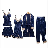 Женский комплект пижамный с халатом и сорочкой синего цвета , комплект для сна атласный