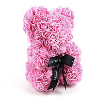 Мишка из искусственных 3D роз в подарочной упаковке 25 см розовый - 140099! Улучшенный
