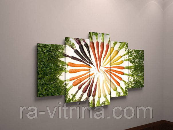Картина ьний настінний декор для кухні Морква, Зелень 125х70см з 5 частин
