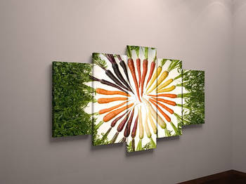 Картина оригінальний настінний декор для кухні Морква, Зелень 125х70см з 5 частин