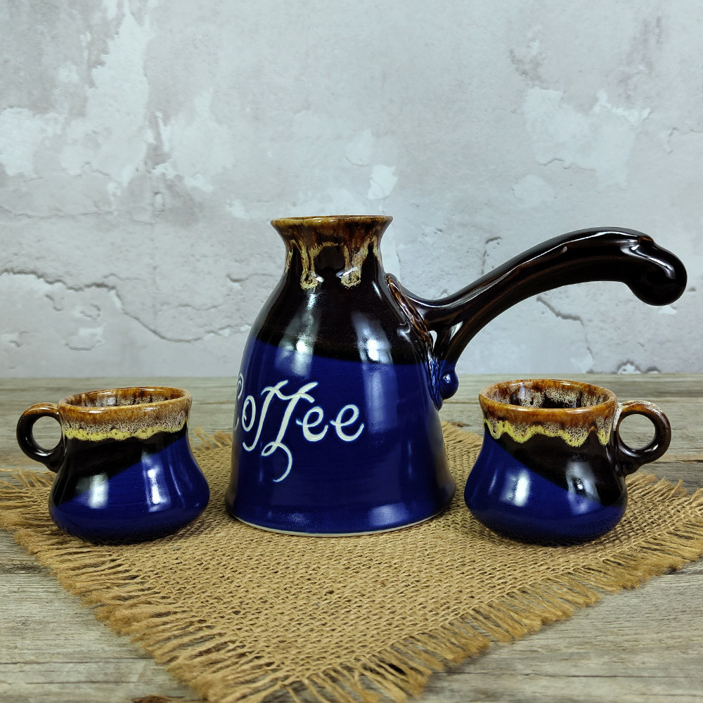 Турка Скіфія Coffee 450 мл синя керамічна з чашками + розсікач, фото 1