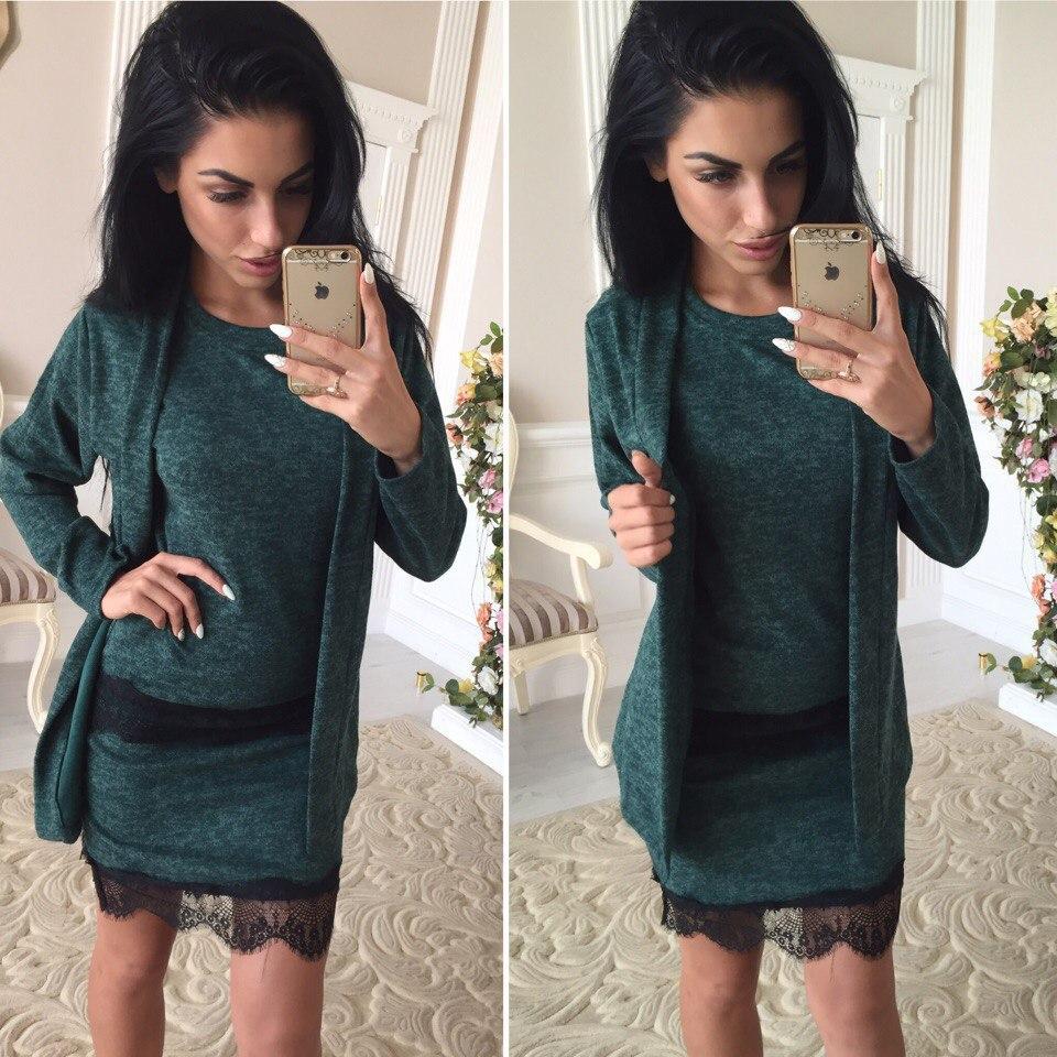 Стильний жіночий комплект трійка спідниця кофта спідниця і кардиган з мереживом колір смарагдовий розмір 40 42 44 44 46 48 50, фото 1