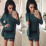 Класичний жіночий костюм трійка зі спідницею топом і кардиганом ангоровий костюм чорний з мереживом, фото 5