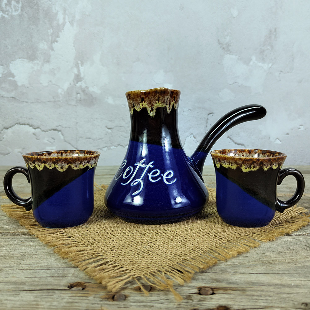 Турка Асканія Coffee 400 мл синя керамічна з чашками + розсікач, фото 1