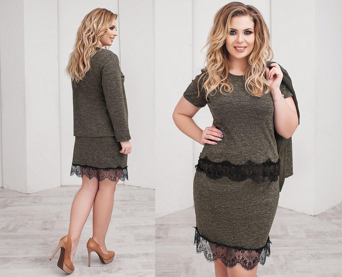 Класичний жіночий костюм трійка зі спідницею топом і кардиганом ангоровий костюм кольору хакі з мереживом, фото 1
