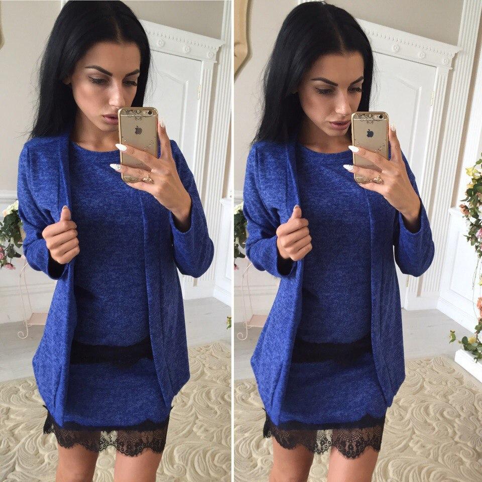 Класичний жіночий костюм трійка зі спідницею топом і кардиганом ангоровий костюм синій з мереживом, фото 1