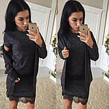 Класичний жіночий костюм трійка зі спідницею топом і кардиганом ангоровий костюм пудровий з мереживом, фото 4