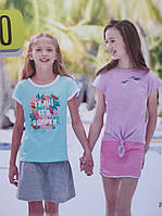 Футболки для девочки Pocopiano, комплект из 2 шт.: бирюзовая + сиреневая с завязкой; размер 122