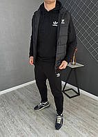Мужской чёрный спортивный костюм Adidas 3в1 весна-осень, Молодёжный чёрный комплект Адидас Жилетка+Худи+Штаны
