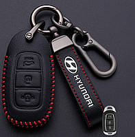 Кожаный чехол для ключа Hyundai 3 кнопки V.4 + брелок с логотипом авто