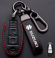 Кожаный чехол для ключа Suzuki 3 кнопки + брелок с логотипом авто