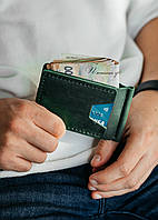 Мужской качественный кожанный зеленый портмоне-зажим для денег мини кошелек, держатели для купюр ручной работы