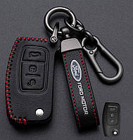 Кожаный чехол для ключа Ford выкидной 3 кнопки + брелок с логотипом авто