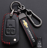 Кожаный чехол для ключа Chevrolet 3 кнопки + брелок с логотипом авто