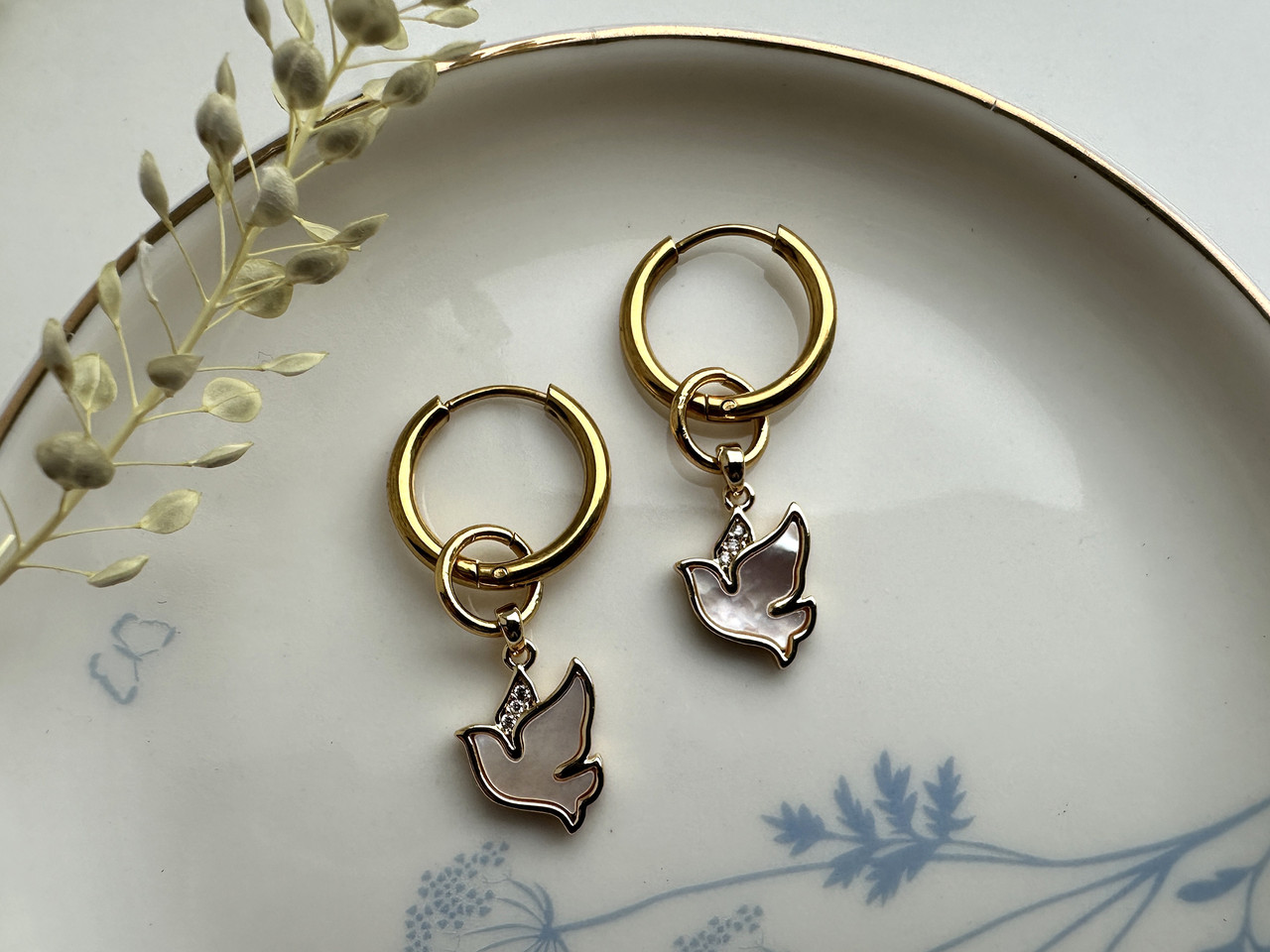 Голуби - сережки-трансформери, хірургічна сталь золото, фото 1