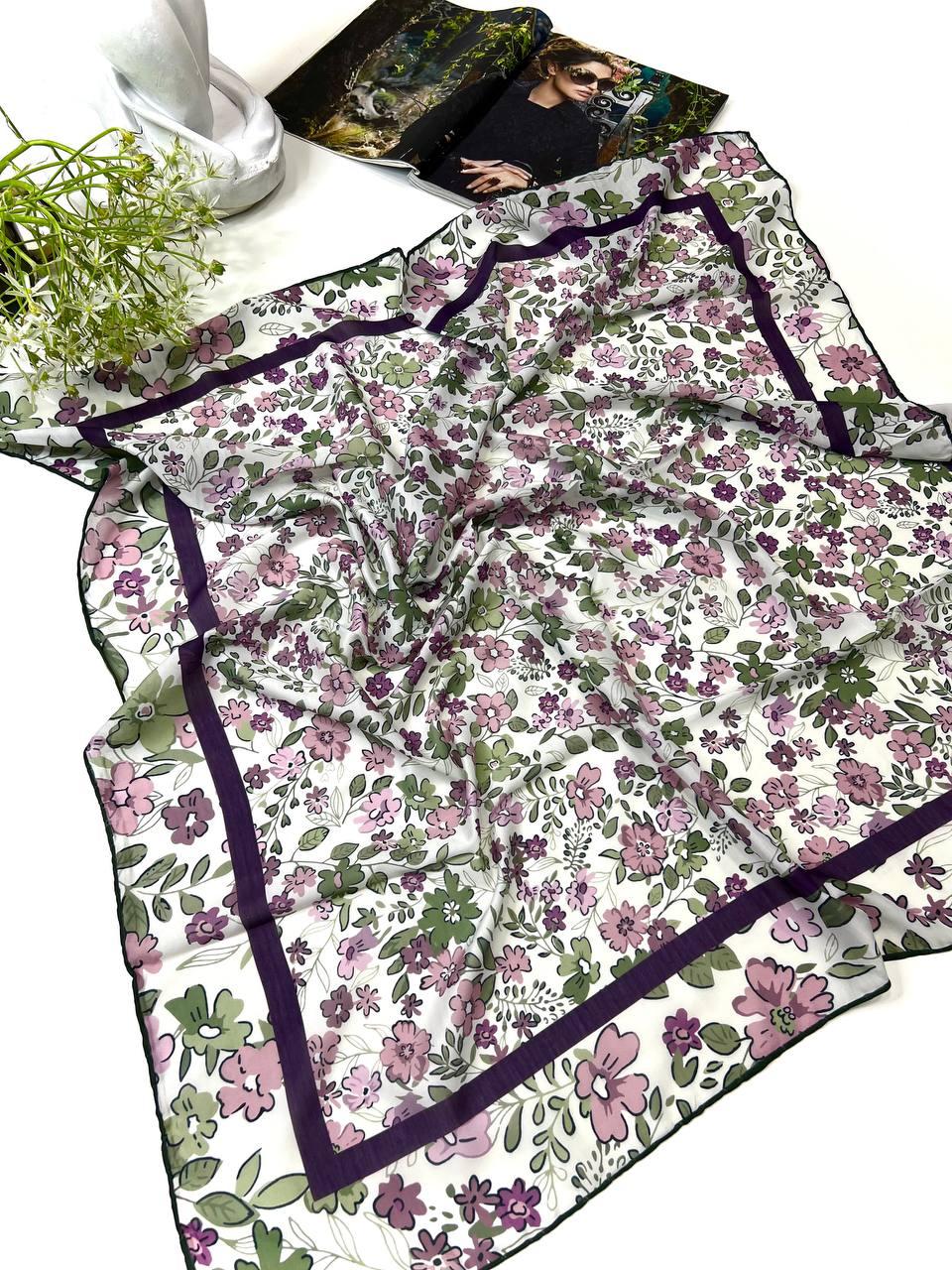 Легка хустка Sharell квіти 90*90 см батіст/коттон ручна обробка краю 22