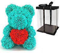 Мишка из 3D роз 40 см с сердечком в подарочной коробке Бирюзовый! Полезный
