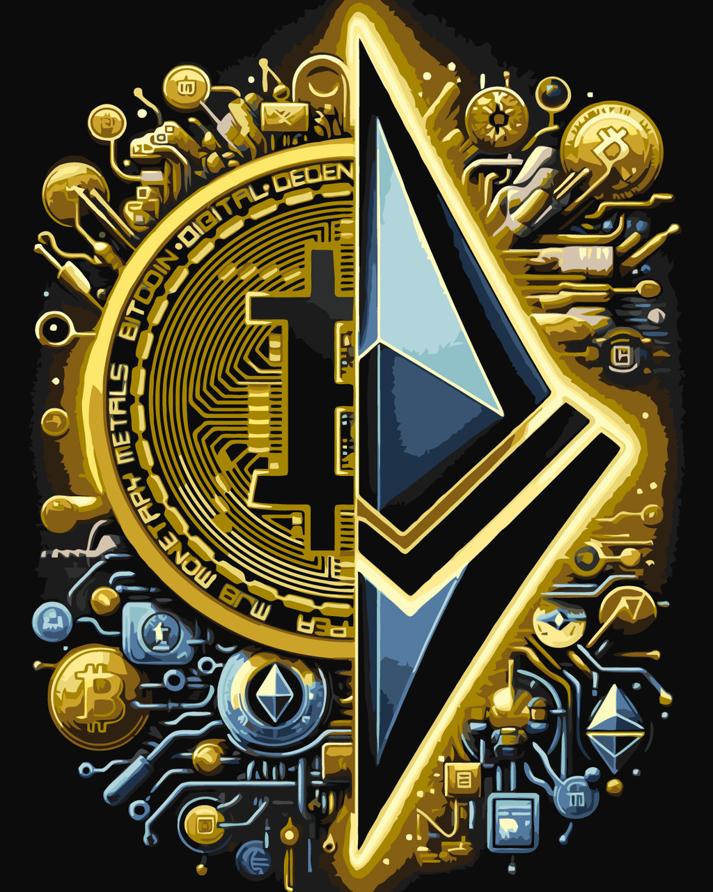 Картина за номерами 40×50 см Kontur. Криптовалюти: Биткоін та Ефіріум з фарбами металік DS0592, фото 1